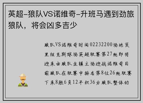 英超-狼队VS诺维奇-升班马遇到劲旅狼队，将会凶多吉少