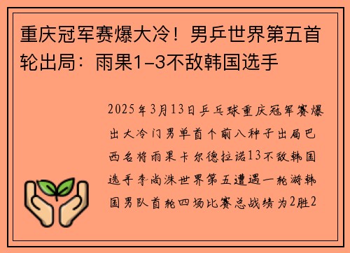 重庆冠军赛爆大冷！男乒世界第五首轮出局：雨果1-3不敌韩国选手