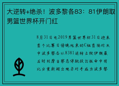 大逆转+绝杀！波多黎各83：81伊朗取男篮世界杯开门红